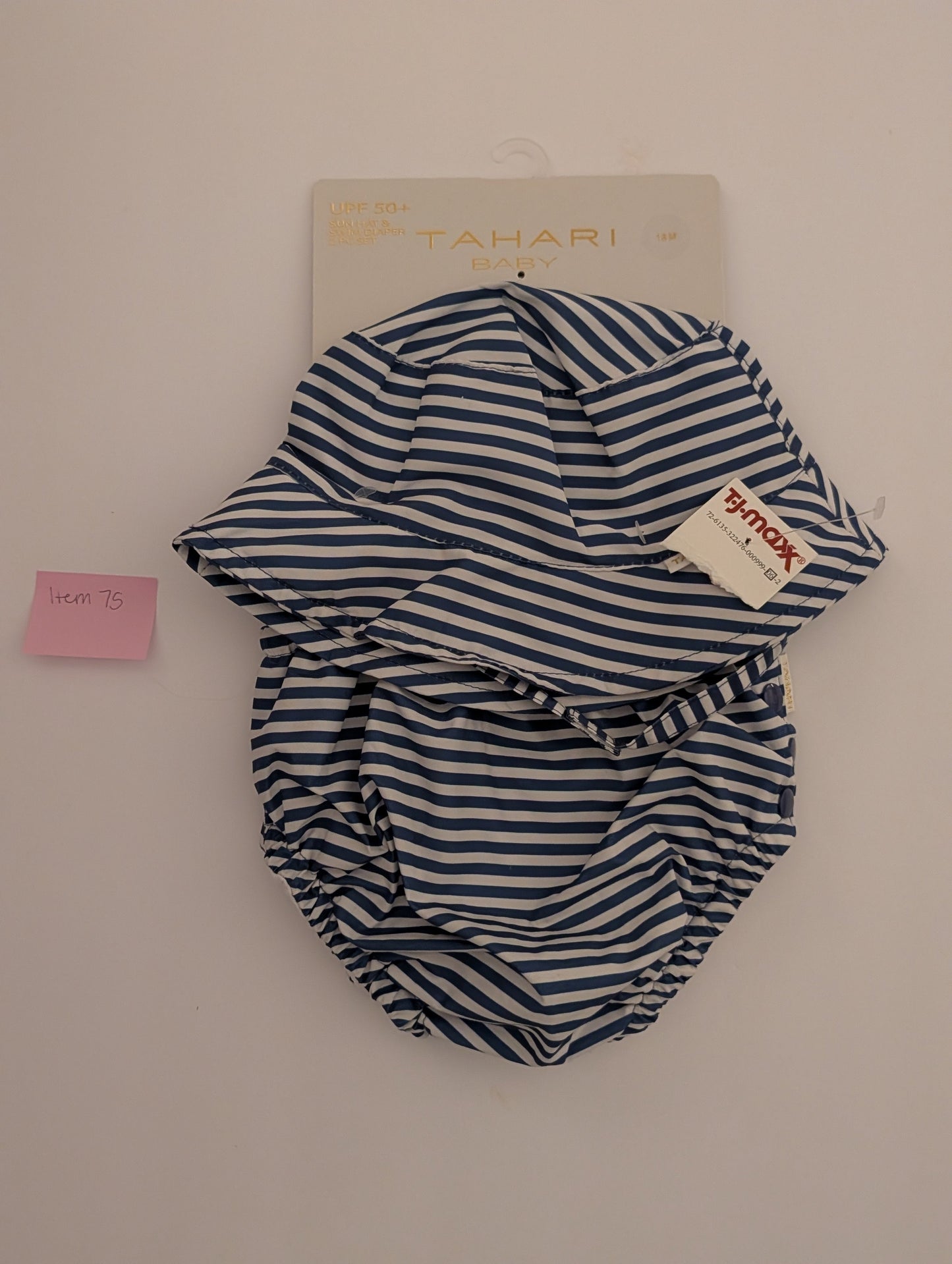 Seller 97, Tahari Blue Striped Swim Diaper Cover & Hat w/strap, Baby 18mo (item 75)