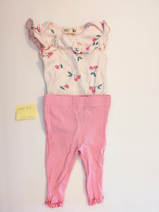 Seller 97, Cherry Ruffle Onesie and Ruffle Pink Pant Set, Baby girl, Size 3-6mo (item 92)