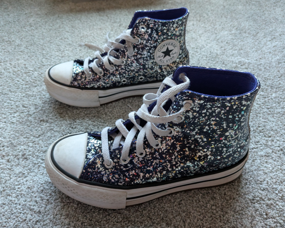 #17 Converse All Star High Top Chucks with platform sole, glitter - night indigo, kids size 2