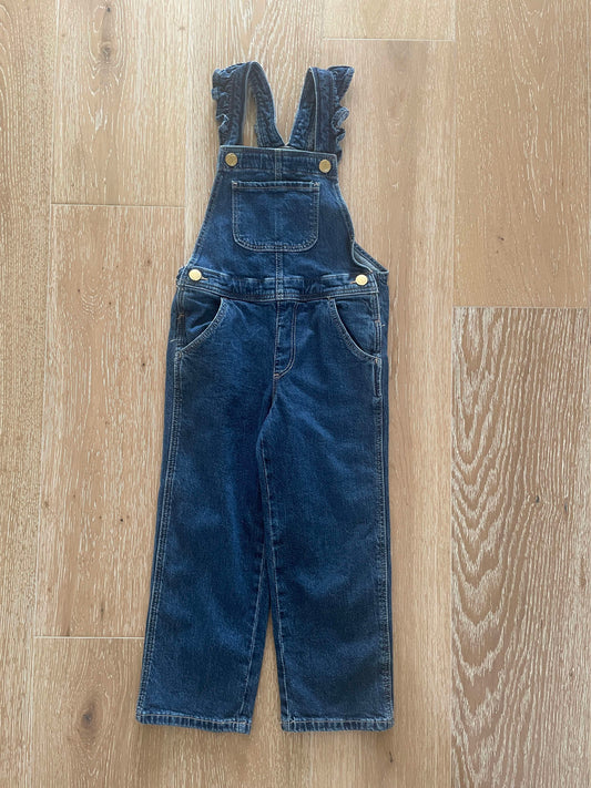 #222 Worn Once Gap Girls Size 5T Dark Denim Jean Overalls with Ruffle Straps and Hearts on Buttons
