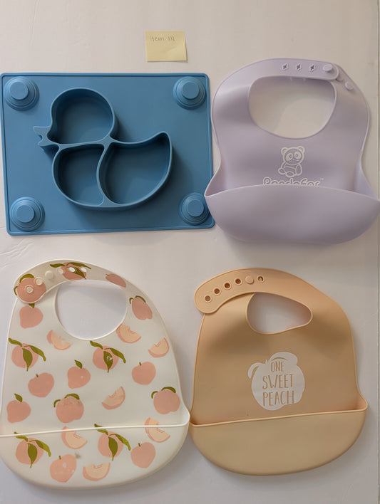 Seller 97, 3 Silicone Bibs & Suction Plate/Placemat (Item 111)