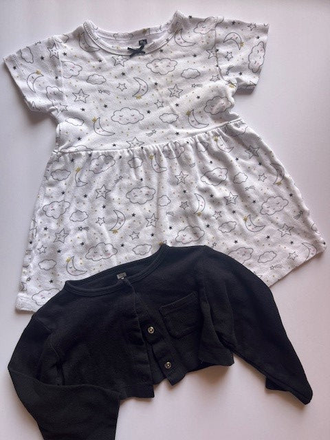 #78 girls 2T HB moon and stars cotton dress with black cotton cardigan