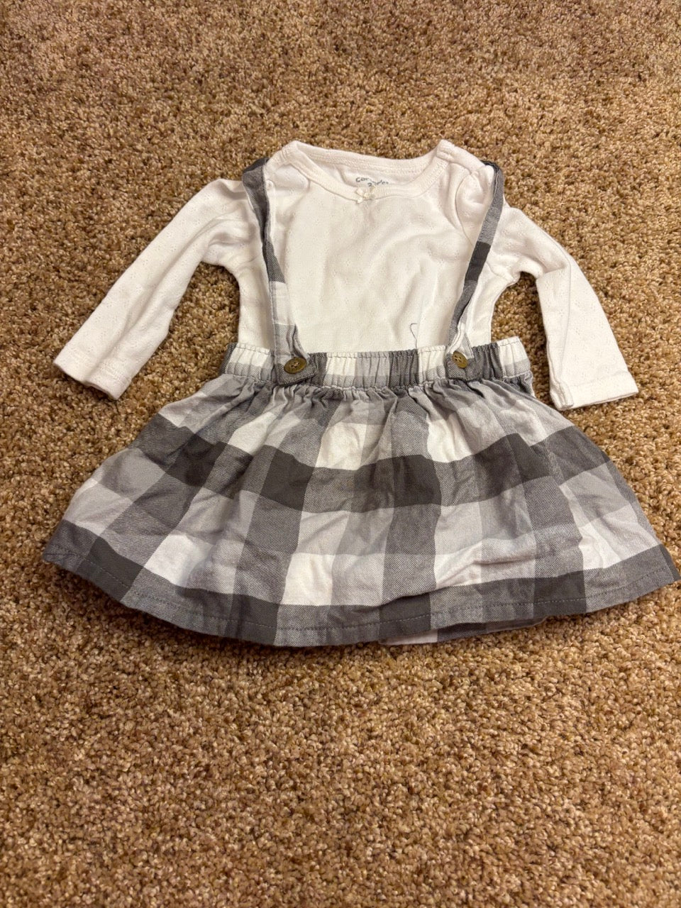 #86A 3 mo carters white onesie with grey plaid jumper skirt