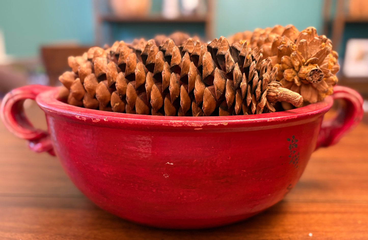 Seller #210 Large Red Rustic Bowl Filled with Giant Pinecones