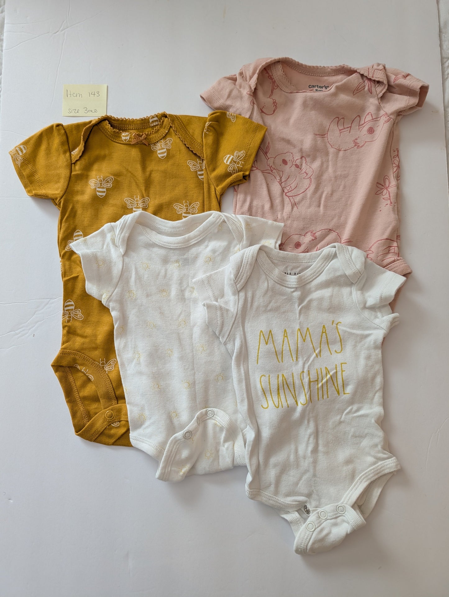 Seller 97, Rae Dunn Sunshine Onesie Bundle, Baby Girl, size 3mo (item 143)