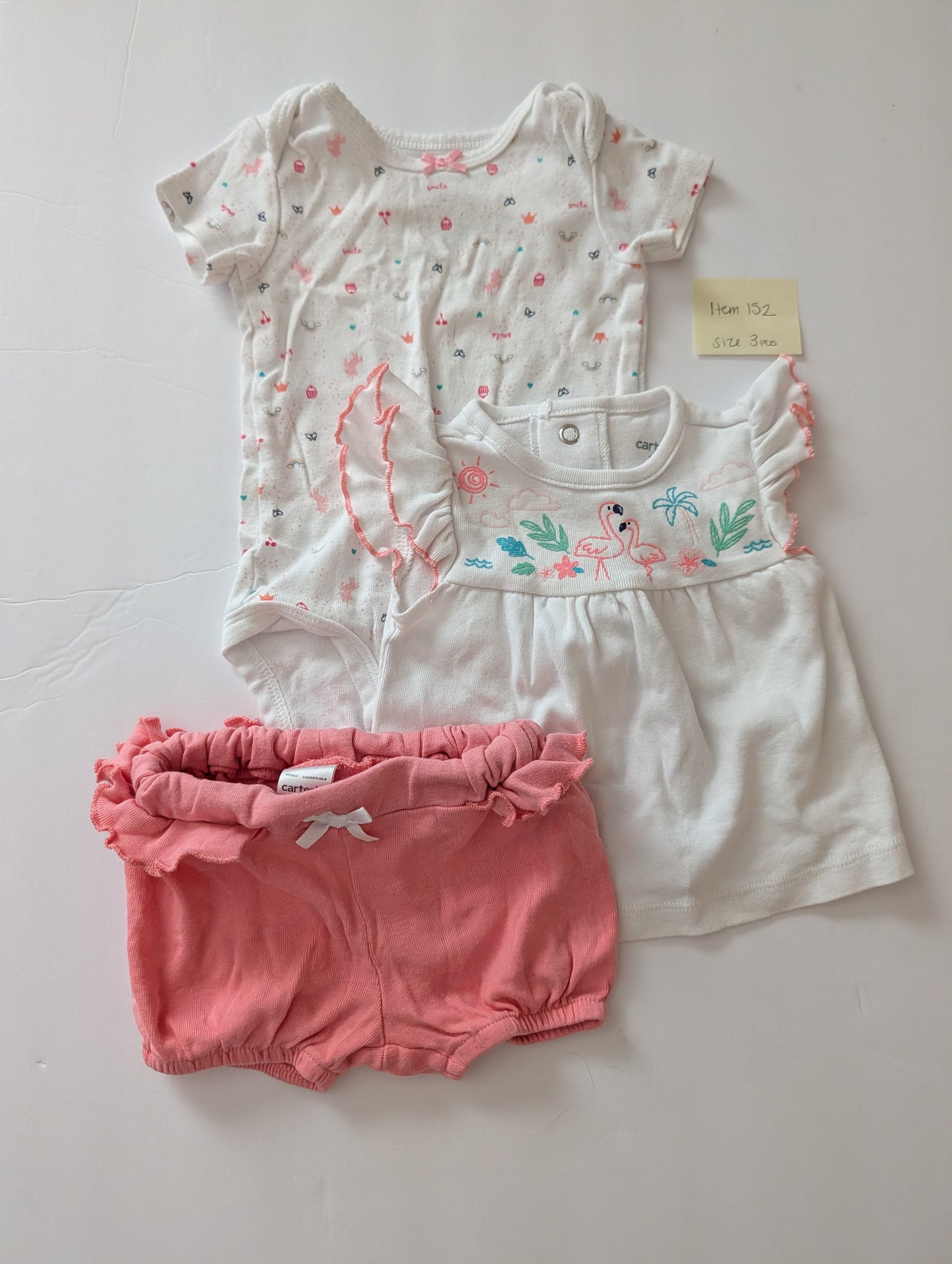 Seller 97, Carter's Flamingo Ruffle Sleeve Shirt w/Ruffle Bubble shorts, baby girl, size 3mo (item 152)