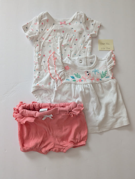 Seller 97, Carter's Flamingo Ruffle Sleeve Shirt w/Ruffle Bubble shorts, baby girl, size 3mo (item 152)