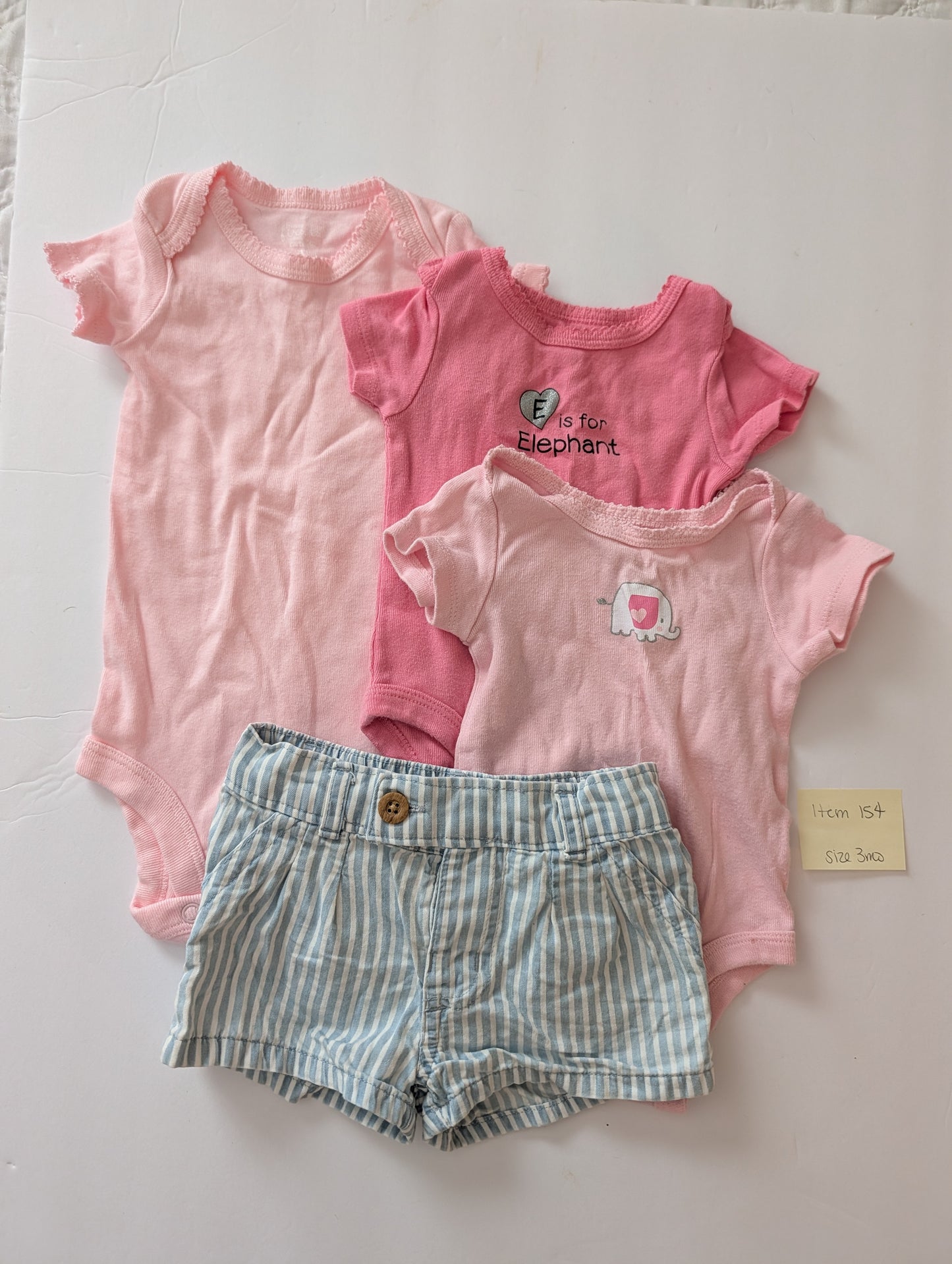 Seller 97, Seersucker shorts w/3 Pink Onesies, baby girl, size 3mo (item 154)