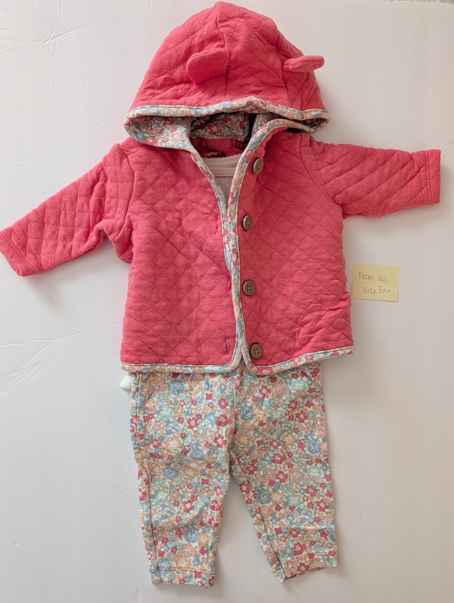 Seller 97, Carter's Salmon Quilted Hooded Jacket 2/Ears Set, baby girl, size 3mo (item 161)