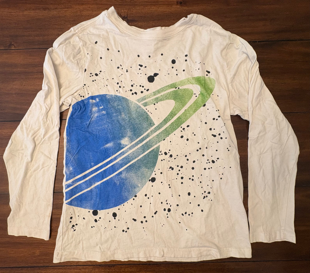 #197 Hanna Andersson Boys Size 12 Cream Saturn Printed Long Sleeve Top
