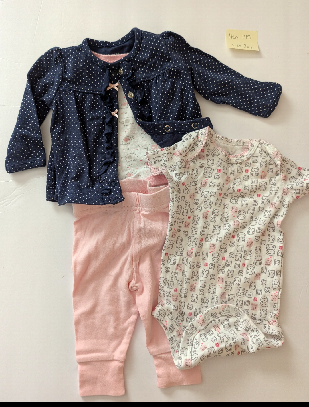 Seller 97, Carter's Navy Polka Dot Jacket w/Pink Pant set, baby girl, size 3mo (item 145)