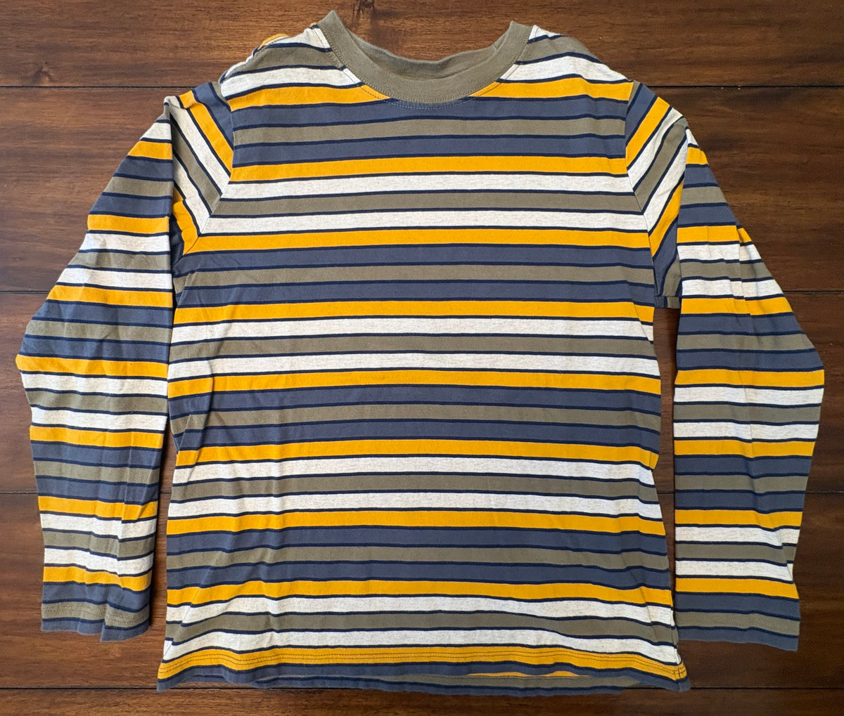 #197 Hanna Andersson Boys Size 12 Blue & Gold Striped Long Sleeve Top