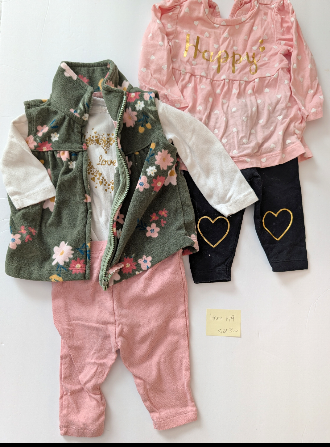 *Reduced* Seller 97, Carter's Sage Green Floral Fleece Vest Outfit & Gold "Happy" Heart Outfit, baby girl, size 3mo (item 149)