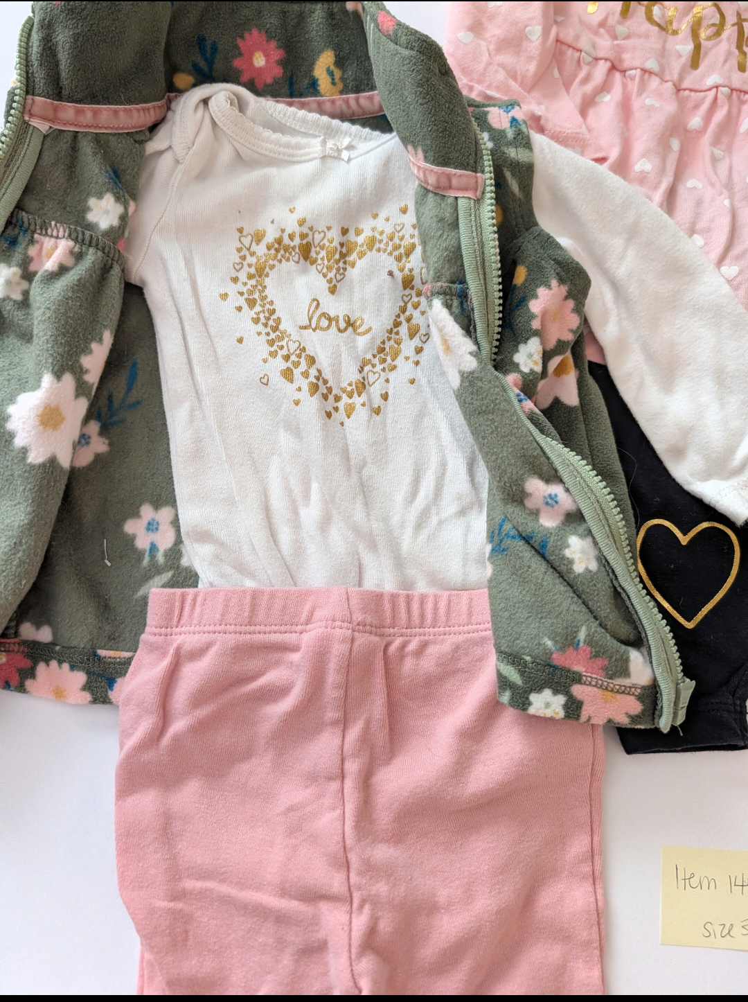 *Reduced* Seller 97, Carter's Sage Green Floral Fleece Vest Outfit & Gold "Happy" Heart Outfit, baby girl, size 3mo (item 149)