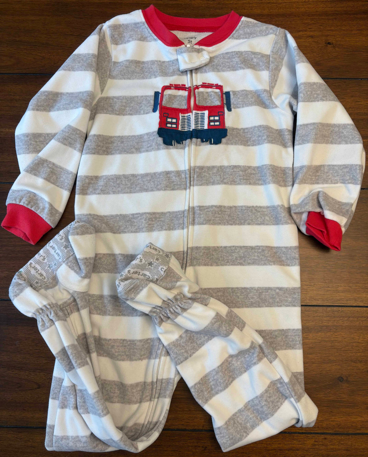 #197 Carter's Boys Size 5T	Aqua White & Blue Embroidered Fleece Footed Zipper Sleeper Bundle
