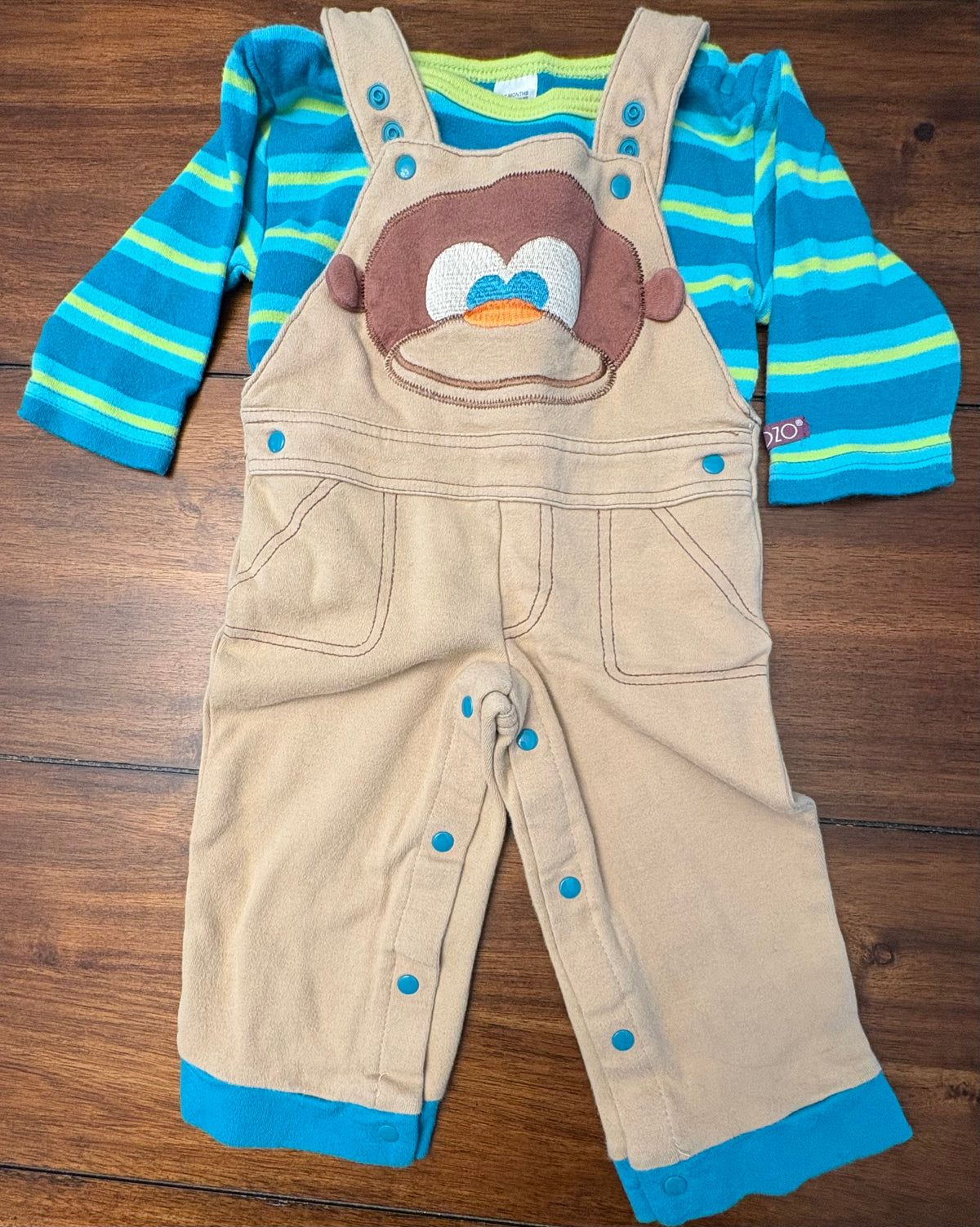 #197 Boys Size 6-9M Brown Teal & Lime Green Monkey Embroidered Cotton Overall Set
