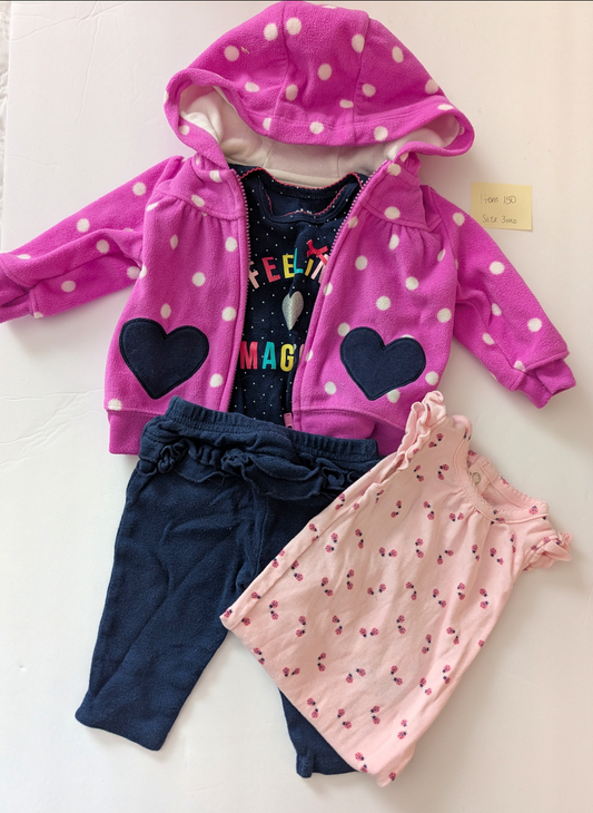 Seller 97, Carter's Neon Purple Hooded Fleece w/Navy Ruffle Leggings Set, baby girl, size 3mo (item 150)