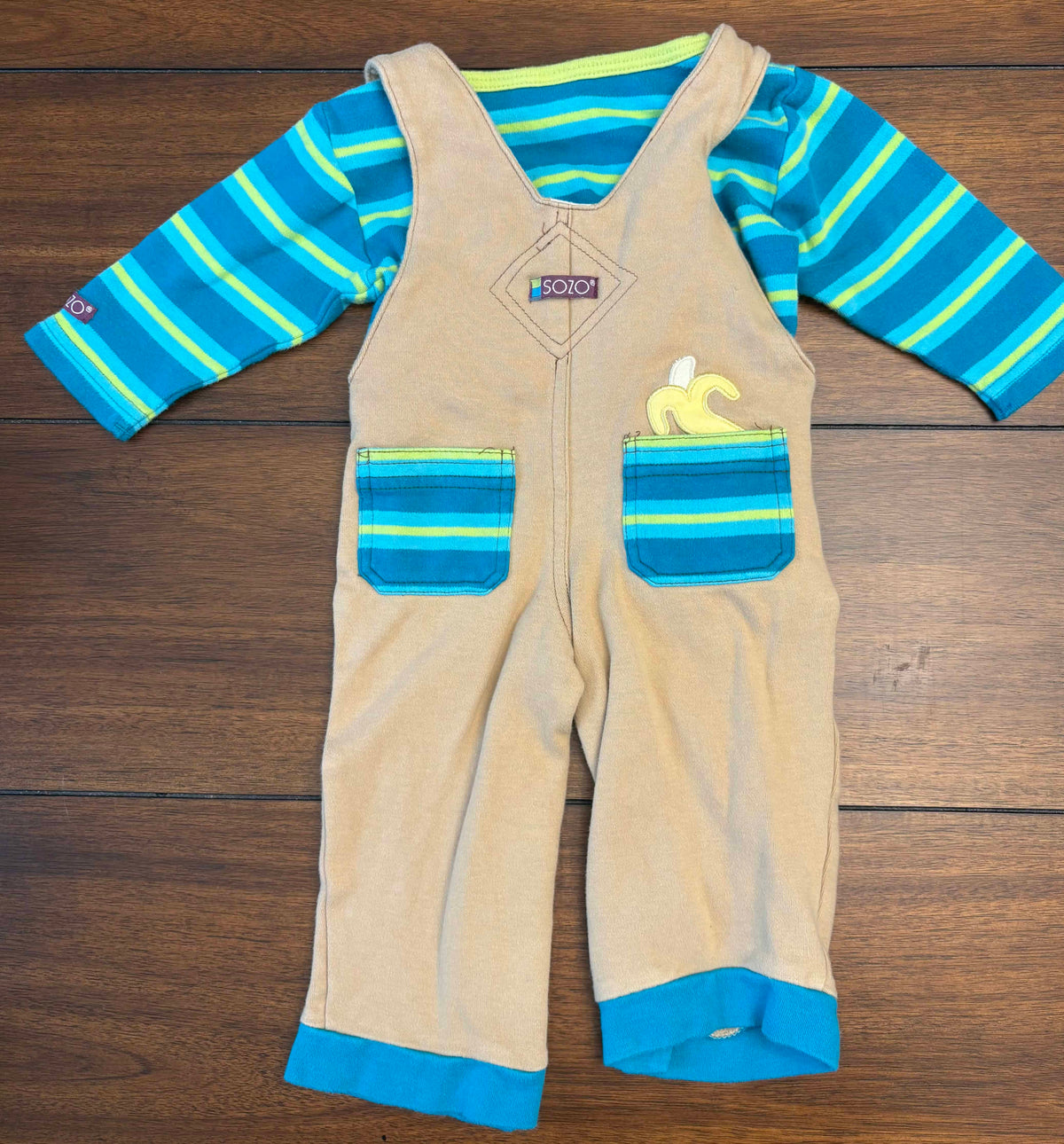 #197 Boys Size 6-9M Brown Teal & Lime Green Monkey Embroidered Cotton Overall Set