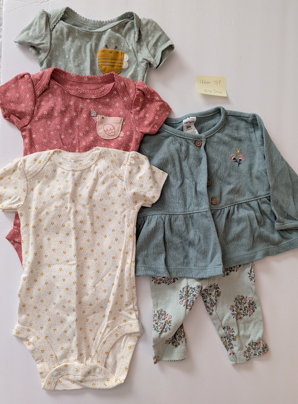 Seller 97, Carter's Blue Button Top & matching Leggings w/3 Coordinating Onesies, baby girl, size 3mo (item 157)