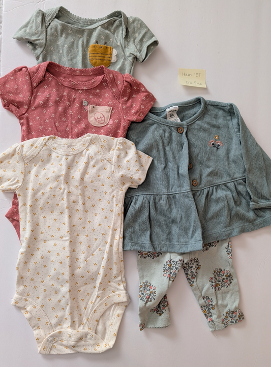 Seller 97, Carter's Blue Button Top & matching Leggings w/3 Coordinating Onesies, baby girl, size 3mo (item 157)