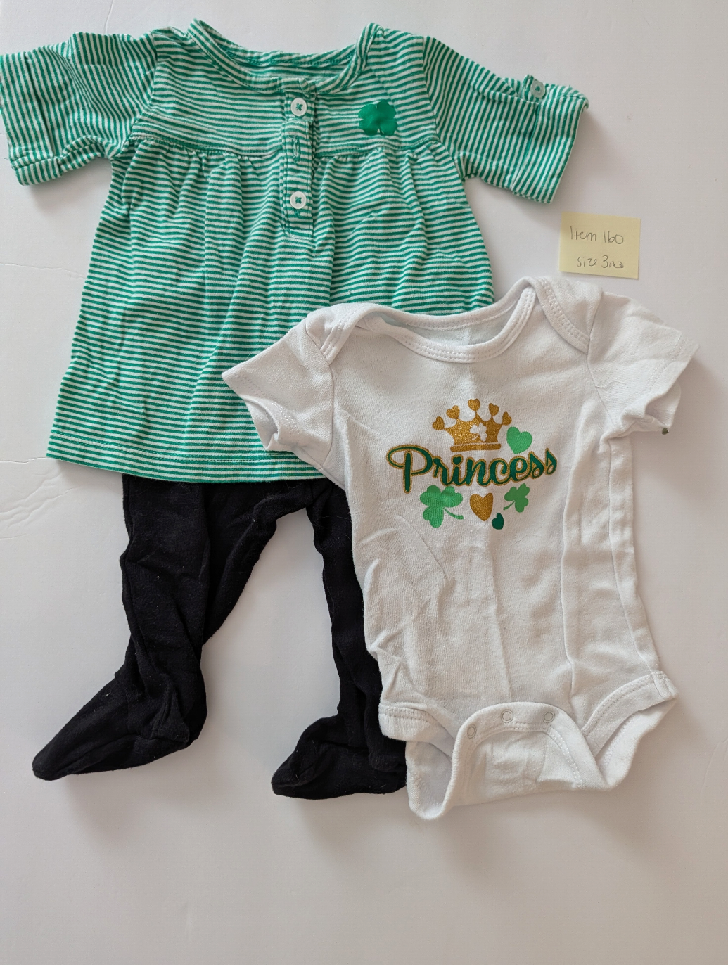 *Reduced* Seller 97, Carter's Green Striped Shamrock Shirt w/Black Footed Leggings & irosh Princess Onesie, baby girl, size 3mo (item 160)