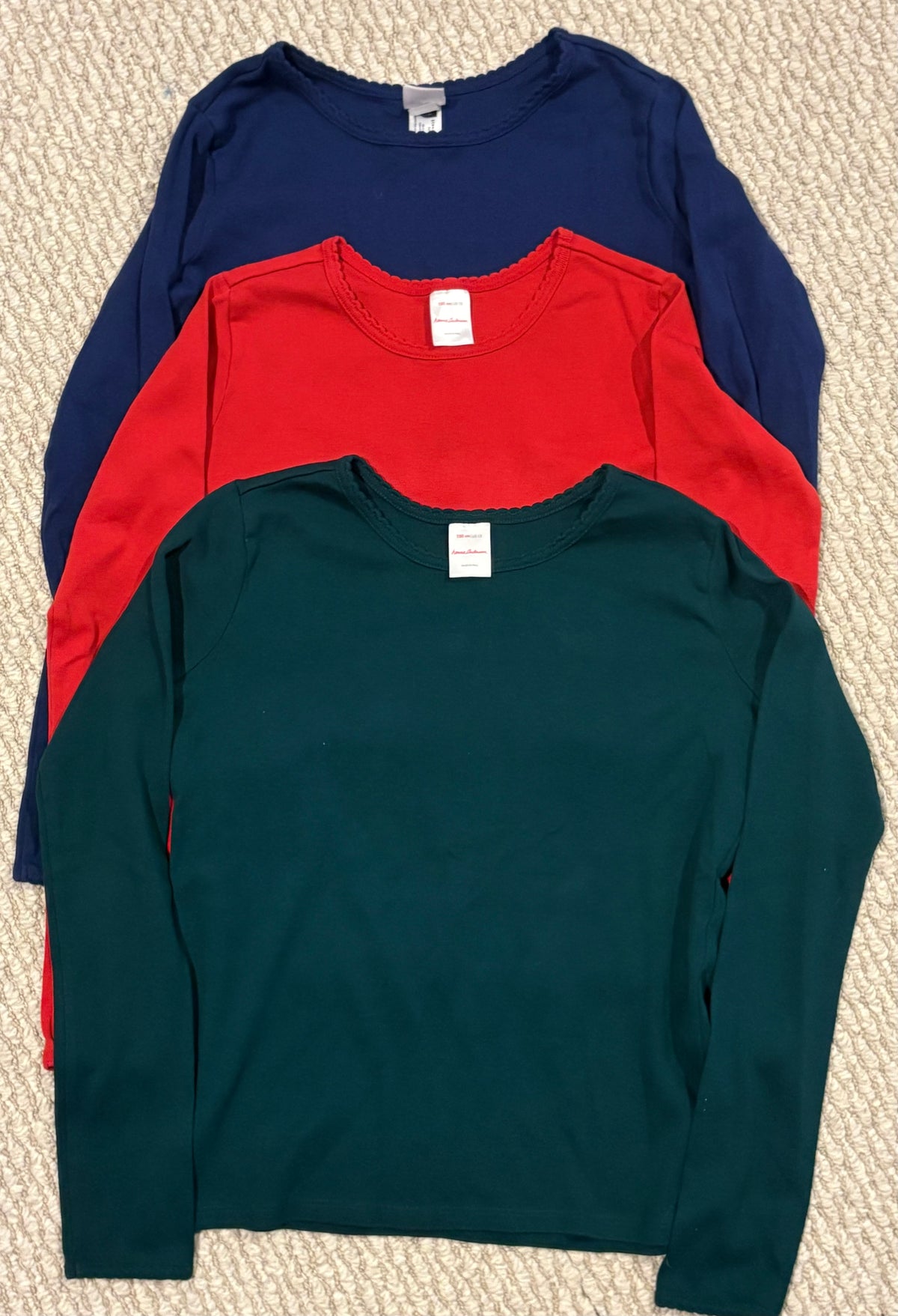 #197 Hanna Andersson Girls Size 12 Forest Green Red & Navy Scalloped Collar Long Sleeve Top Bundle