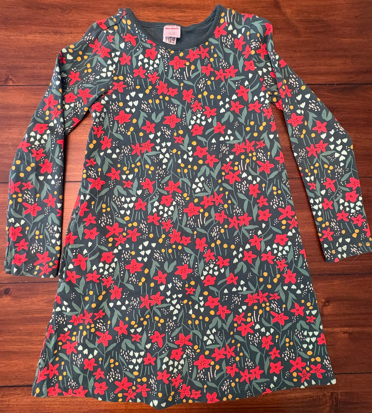 #197 Hanna Andersson Girls	Size 8 Green with Red & White Flowers A-Lined Long Sleeve Dress