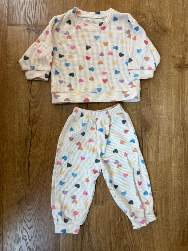 #6 - MiniOlie - Girls Waffle Weave Outfit with Hearts - 18-24 months