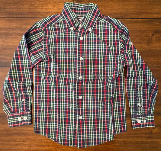 #197 Cass Club Boys Size 4/5 Navy Green & Red Plaid Long Sleeve Button Down Dress Shirt