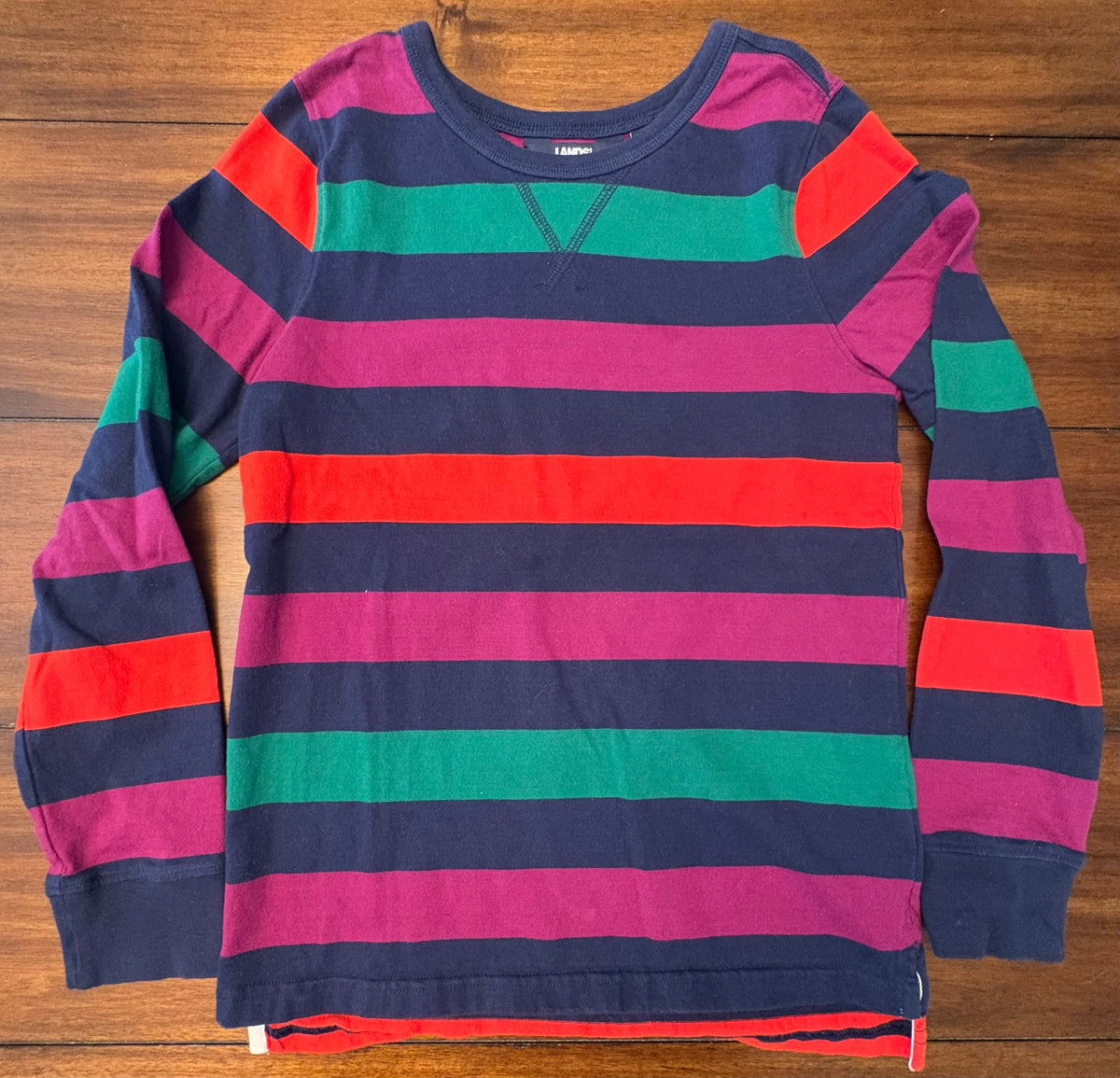 #197 Lands End Boys Size 10-12 (L) Blue Green & Red Striped Long Sleeve Top