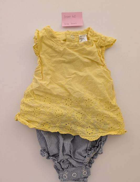 Seller 97, Carter's Blue Seersucker Bubble w/Yellow Eyelet Top detail, baby girl, size 6mo (item 62)