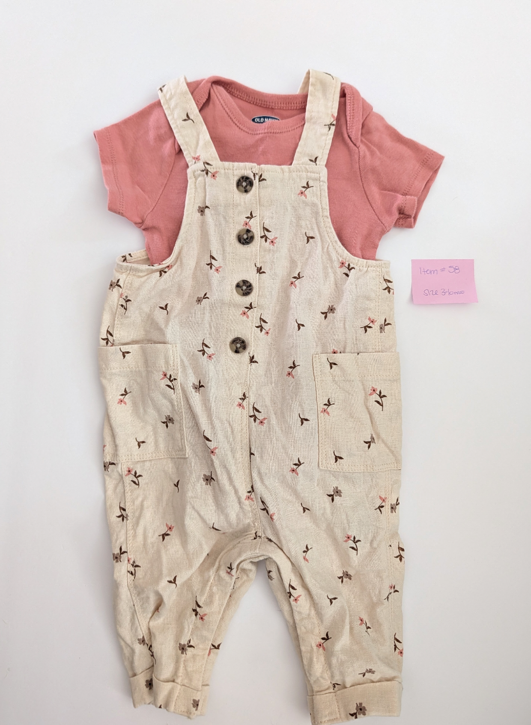 *Reduced* Seller 97, Old Navy Cream Overalls w/Pink flowers & Matching Onesie, baby girl, size 3-6mo (item 58)