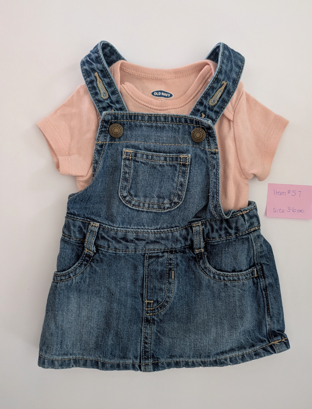 *Reduced* Seller 97, Old Navy Adjustable Jean Overall Skirt w/Pink Onesie, baby girl, size 3-6mo (Item57)