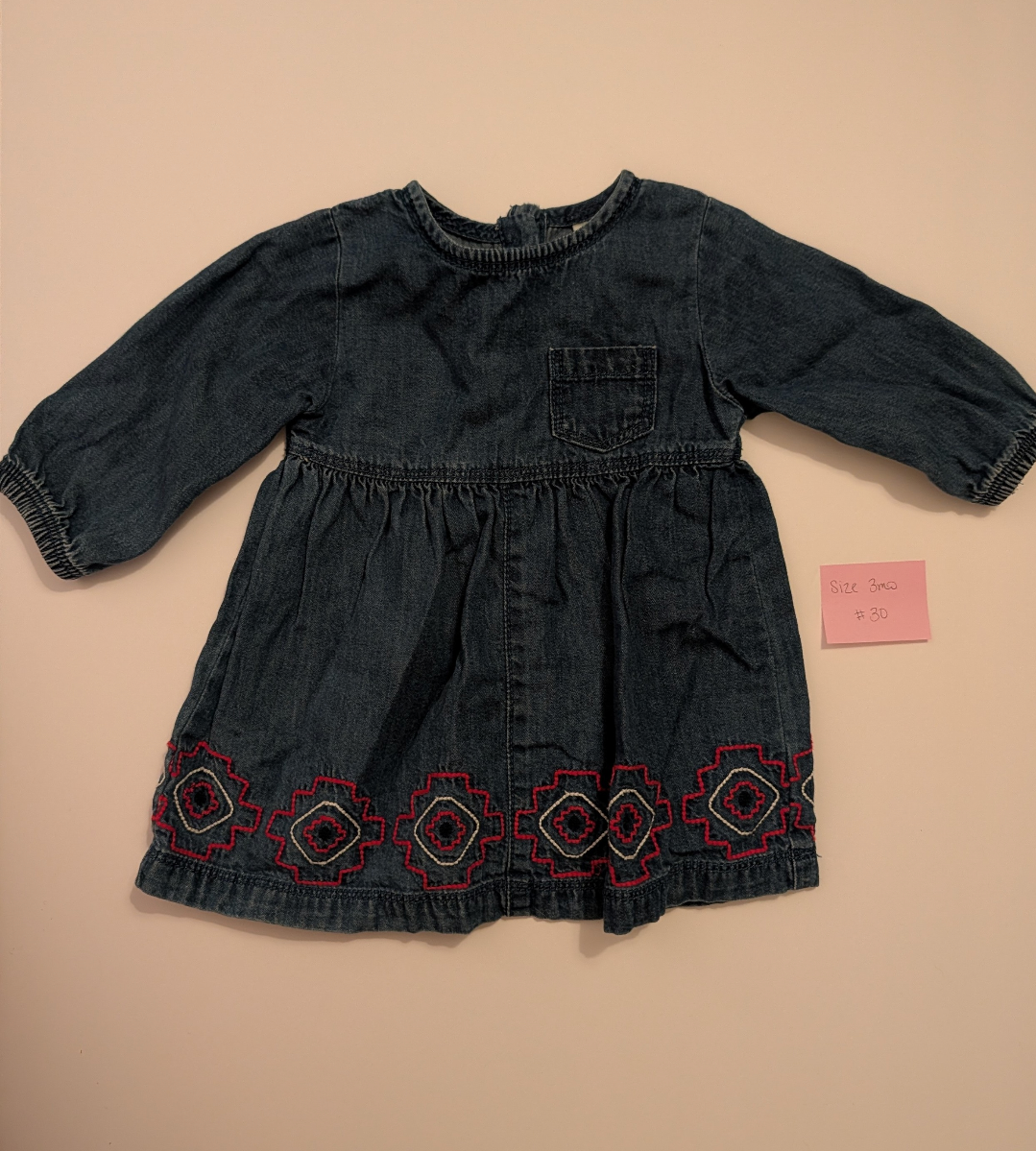 Seller 97, Denim Dress w/Pink Geometric Embroidery, baby girl, size 3mo (item 30)