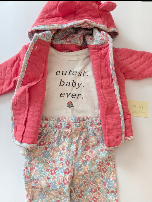 Seller 97, Carter's Salmon Quilted Hooded Jacket 2/Ears Set, baby girl, size 3mo (item 161)