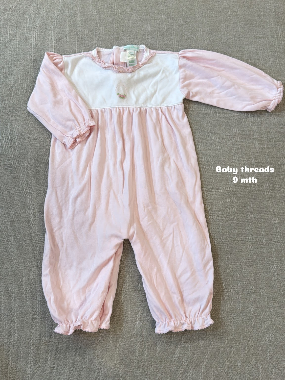 #145 Baby threads floral coverall Girls 9 mth EUC