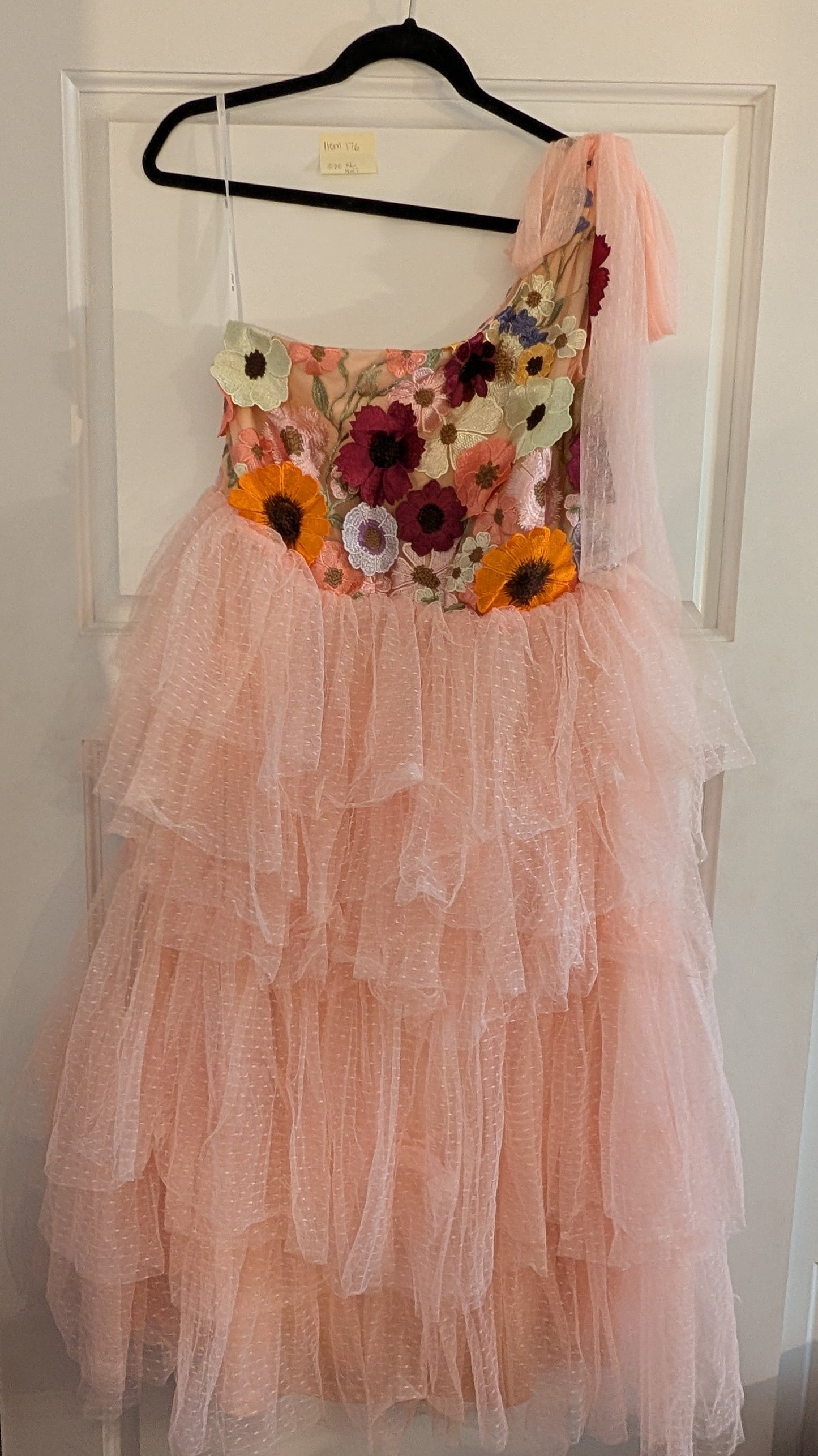 *Reduced* Seller 97, Just Me One Shoulder Floral Applique Top w/Pink Tulle Tiered Bottom Dress, women's, size XL NWT (item 176)