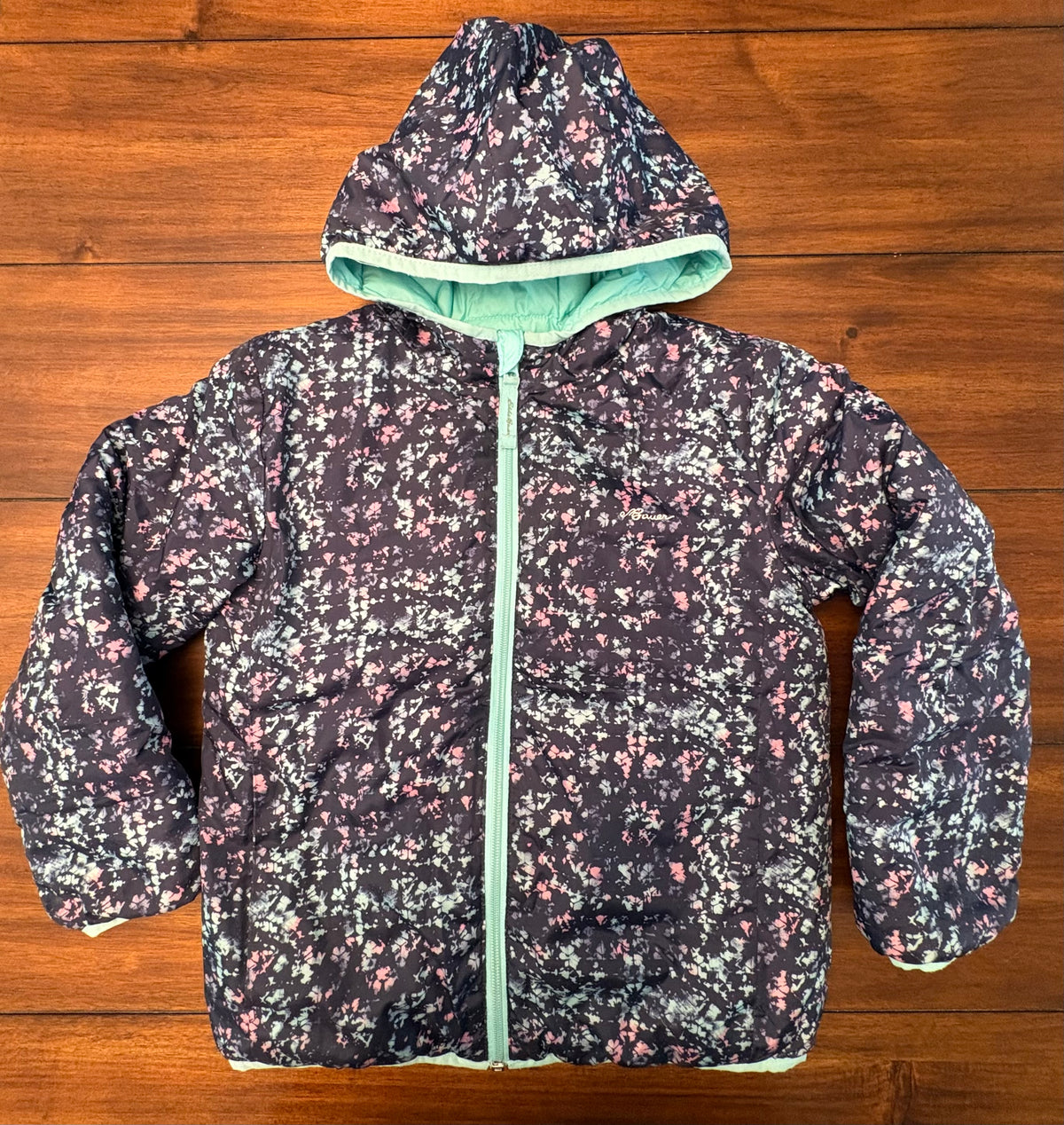 #197 Eddie Bauer Girls Size 7/8 (S) Blue Hooded Bubble Puffer Reversible Coat