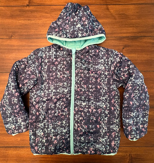 #197 Eddie Bauer Girls Size 7/8 (S) Blue Hooded Bubble Puffer Reversible Coat