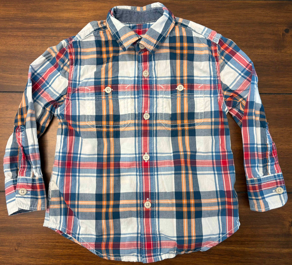 #197 Tucker & Tate Boys Size 2 Blue Red & Orange Plaid Long Sleeve Button Down Dress Shirt