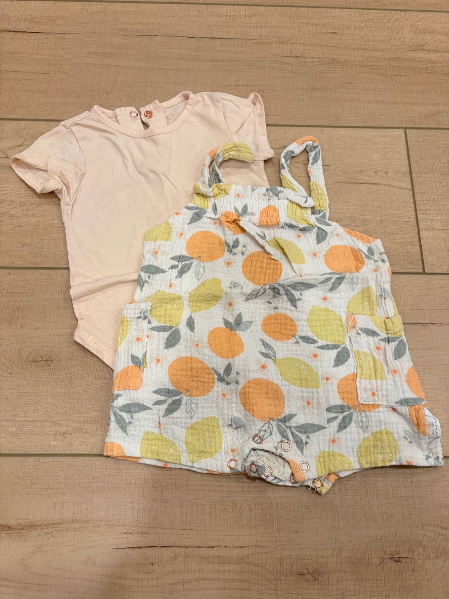 #37 REDUCED-6-9M Girls Tahari Baby Matching Bodysuit and Overalls with Matching Sun Hat (not pictured, see description)