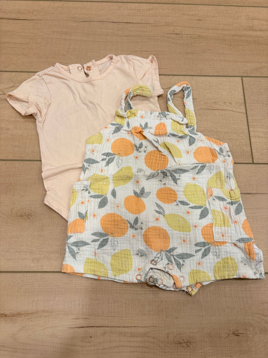 #37 REDUCED-6-9M Girls Tahari Baby Matching Bodysuit and Overalls with Matching Sun Hat (not pictured, see description)