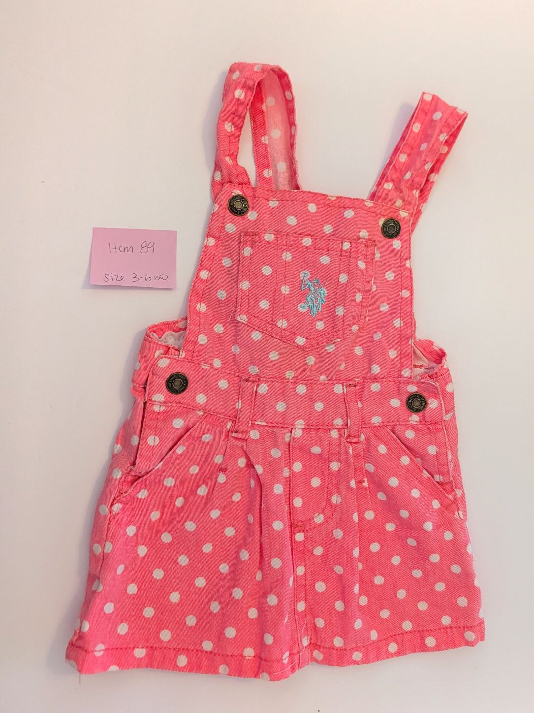 Seller 97, US Polo Neon Pink Jean Polka Dot Overall skirt, baby girl size 3-6mo (item 89)