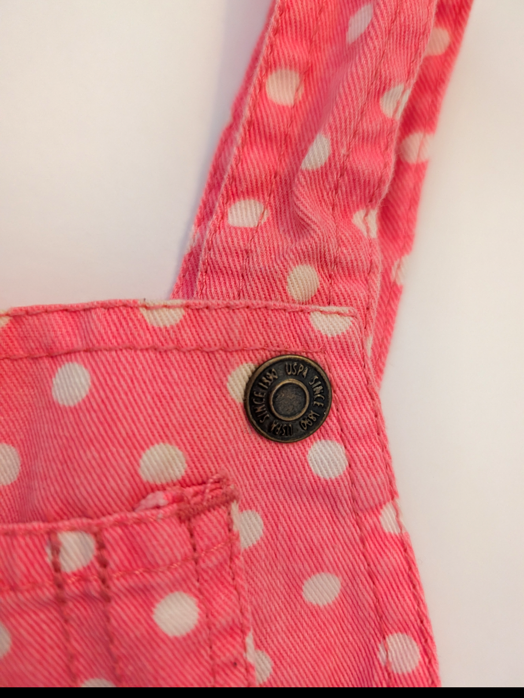 Seller 97, US Polo Neon Pink Jean Polka Dot Overall skirt, baby girl size 3-6mo (item 89)
