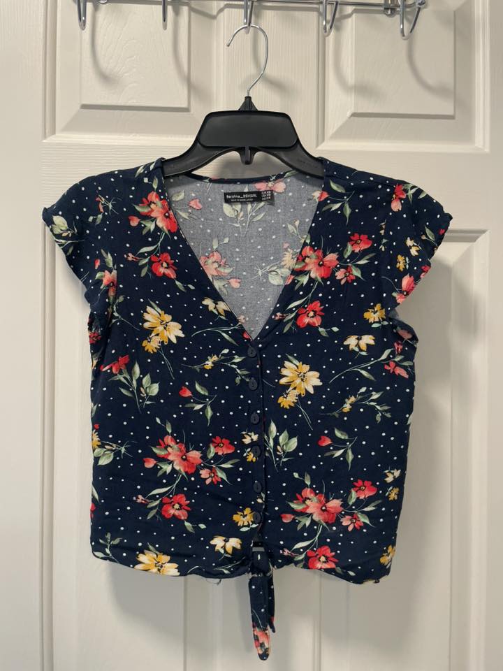 #215 Bershka Blue Floral Blouse Women's Size XS