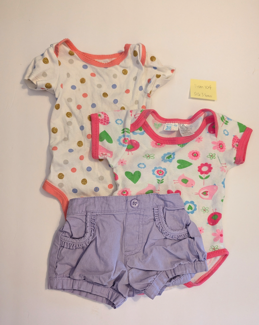 Seller 97, Purple Ruffle Shorts and 2 onesies, baby girl, size 3-6mo (item 104)