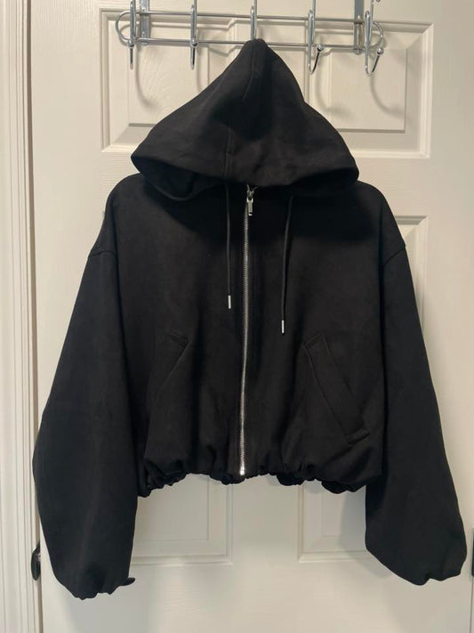 #215 Zara Black Cropped Hooded Zip Jacket Women's Size Small