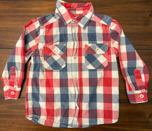 #197 Pumpkin Patch Boys Size 3 Red White & Blue Buffalo Plaid Long Sleeve Button Down Dress Shirt
