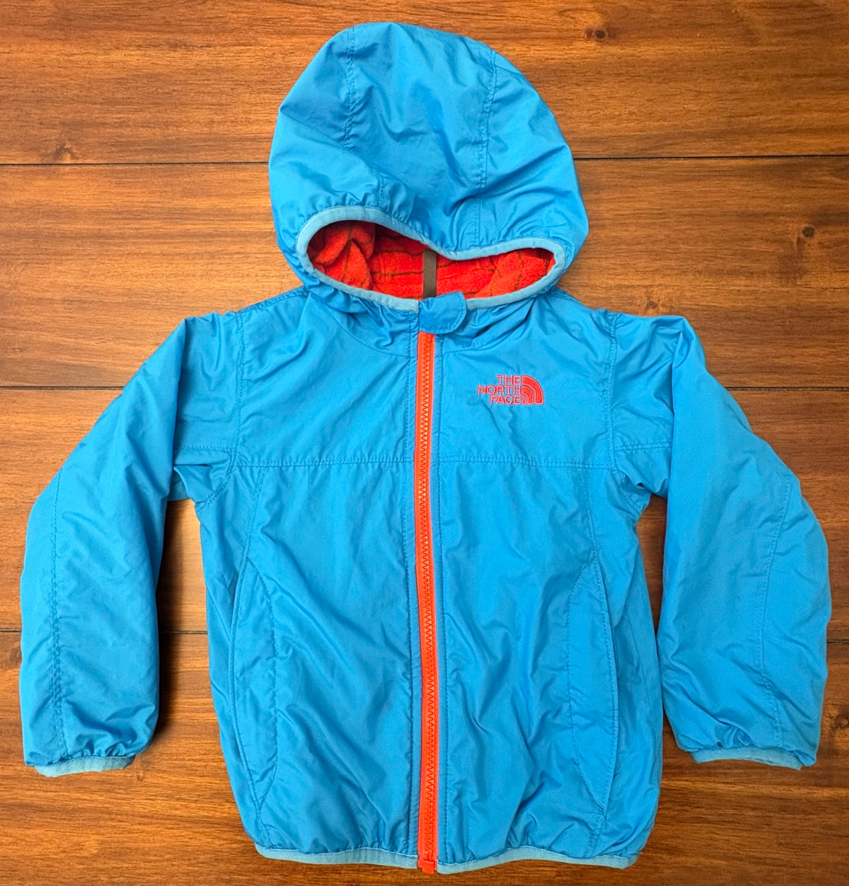 #197 North Face Boys Size 3T Blue & Orange Reversible Hooded Jacket