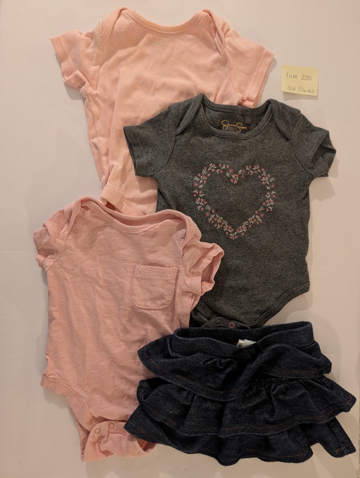 Seller 97, Jessica Simpson Onesie Bundle & Jean Ruffle Skirt, baby girl, size 3-6mo (item 230)